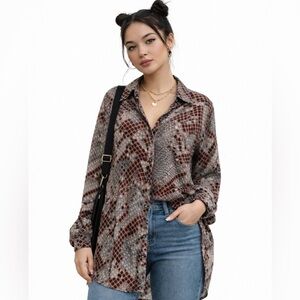 Buddy Love Blue Pink Black Malika Snake Print Button Up Tunic Top Size S Funky